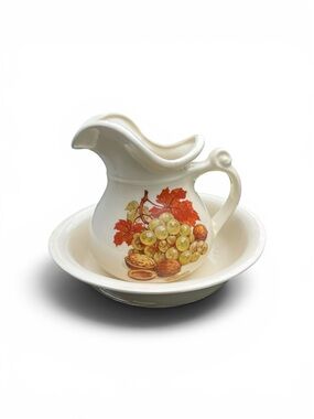 Mccoy Cream Ceramic Pitcher and Basin with Grape and Nut Motif